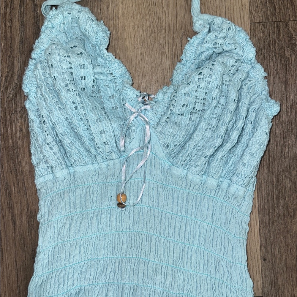Cotton Natural Baby Blue Halter Dress – Hi-Low Lace Trim (Size Medium) - Picture 5 of 6